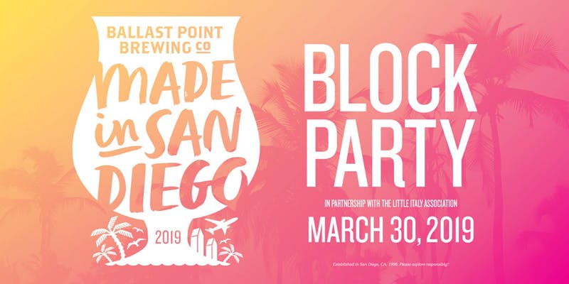 Made in San Diego display ombre sunset background for block party on March 30